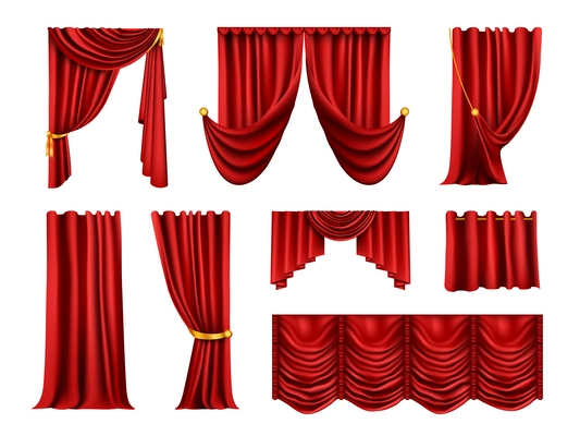 Realistic curtains draperies set with blank background and isolated images of red curtains with golden ribbons vector illustration