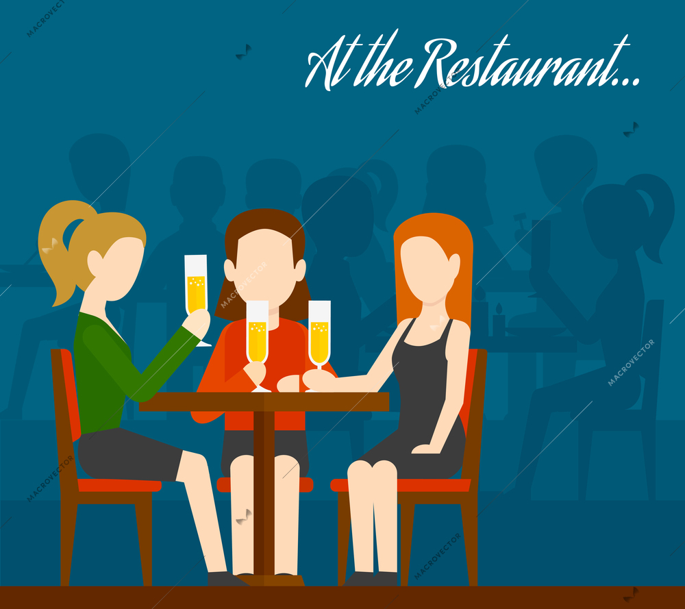 Three young girls sitting at table drinking champagne with people silhouettes on background friends meeting in restaurant flat vector illustration