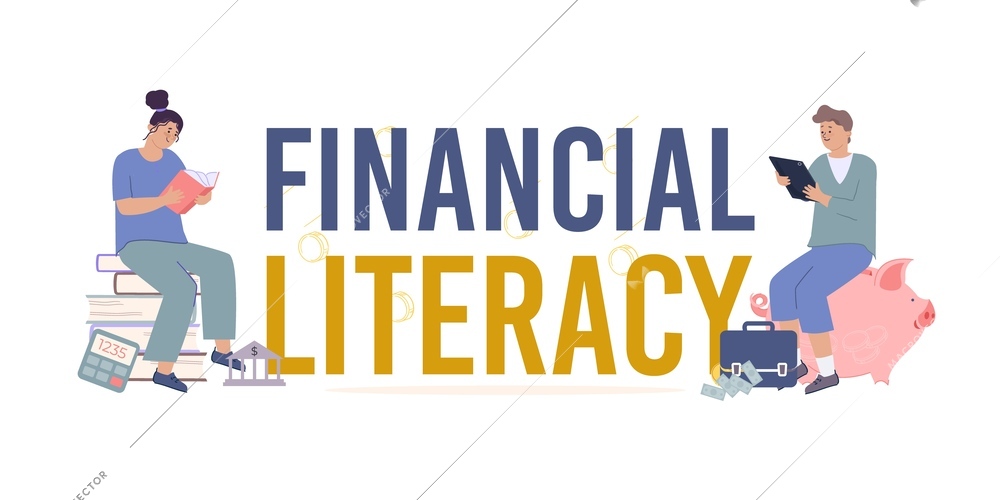 Financial literacy text with woman and man reading book and articles on internet to learn how to plan expenses flat vector illustration