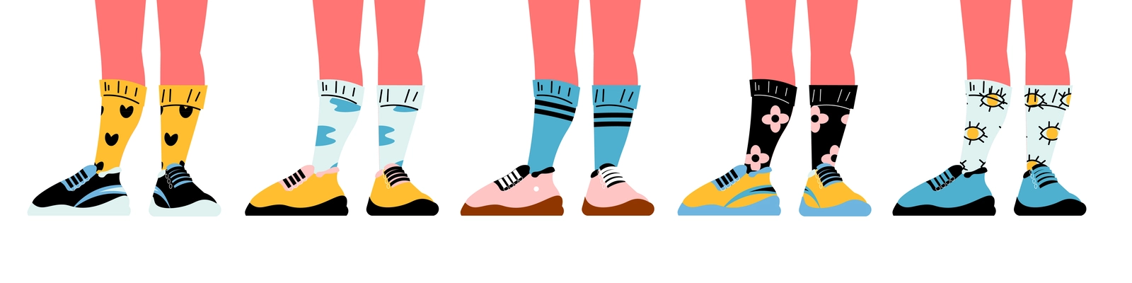 Human legs wearing trendy sneakers and colorful socks flat isolated vector illustration