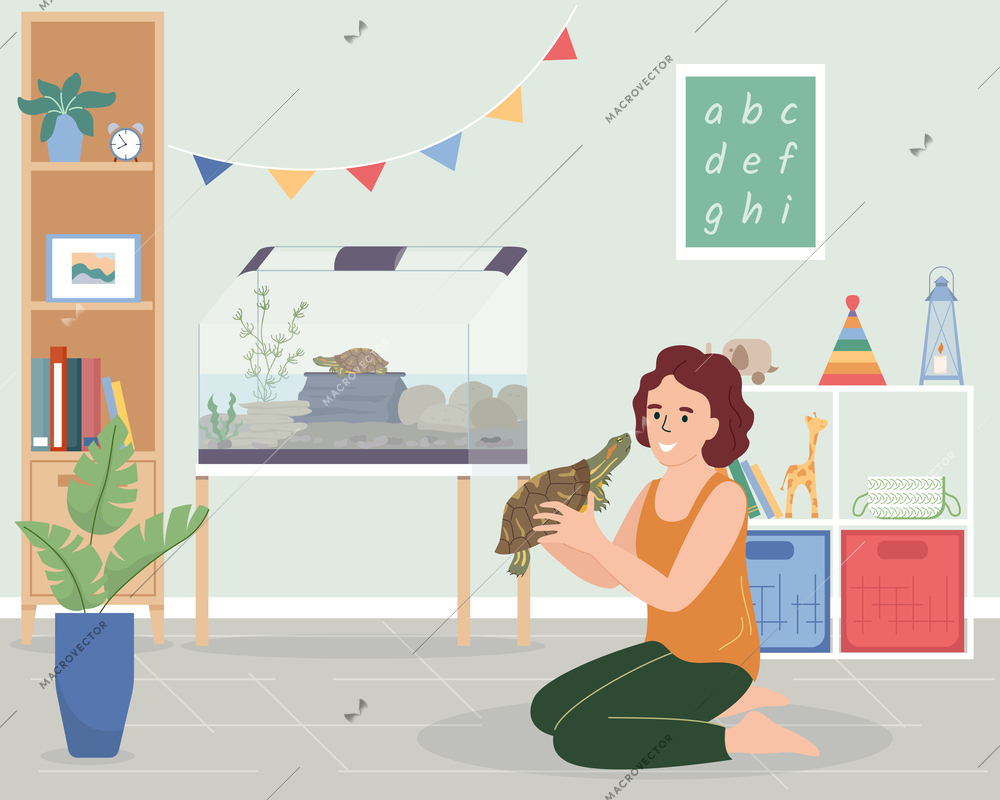 People with exotic pets flat composition with living room scenery terrarium cage and girl holding turtle vector illustration