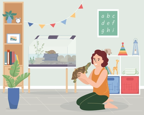 People with exotic pets flat composition with living room scenery terrarium cage and girl holding turtle vector illustration