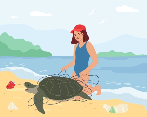 Animal activists flat background with outdoor beach landscape and woman freeing turtle trapped into fishing net vector illustration