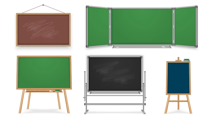 School blackboards chalkboards realistic set with isolated images of hanging and standing frames with chalk spots vector illustration