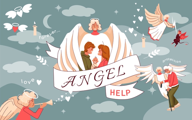 Angel help flat collage illustrating love protection rescue and support cartoon vector illustration