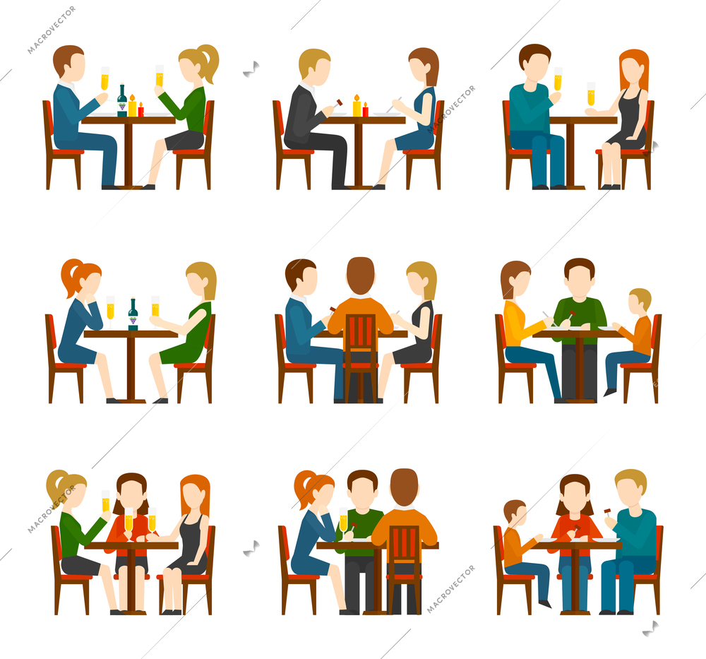 Group of people eating and talking in restaurant or cafe flat icons set isolated vector illustration