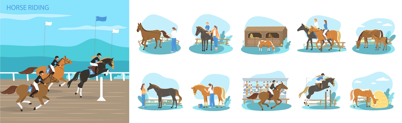 Flat composition set of people practising horse riding and caring about domestic animals isolated vector illustration