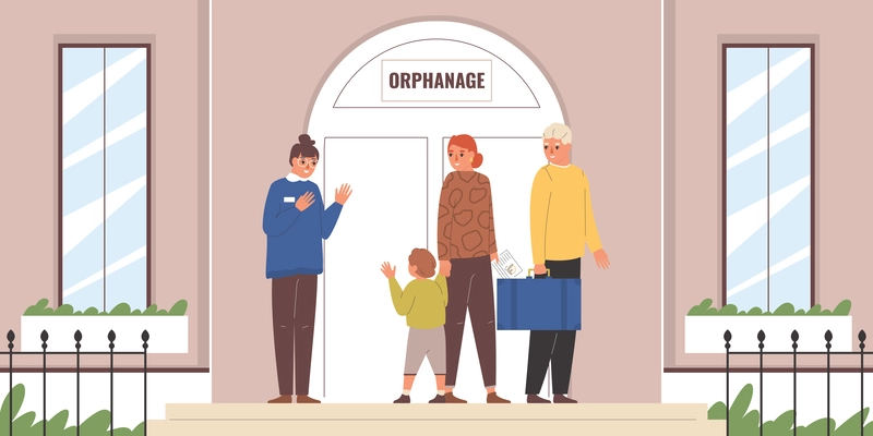 Adopted child with his new family saying goodbye to orphanage worker flat vector illustration