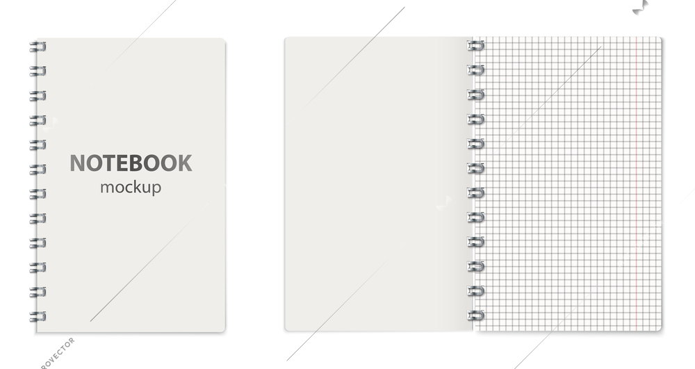 Open and closed notebook mockup realistic composition with views of notebook pages and cover with text vector illustration