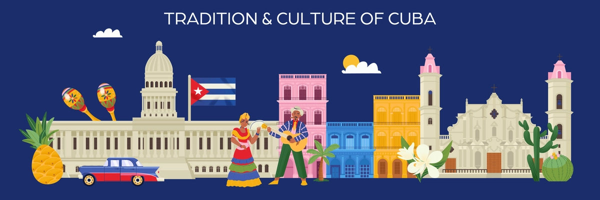 Tradition and culture of cuba horizontal flat banner with cuban landmarks flora and people on blue background vector illustration