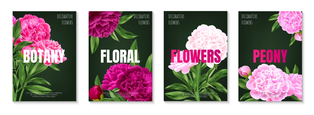 Set of realistic vertical botanical posters with beautiful blooming pink peonies isolated vector illustration