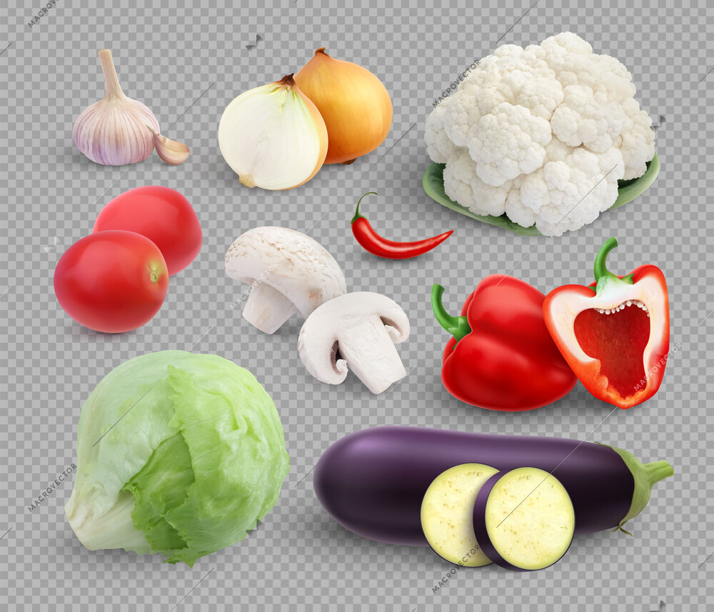 Vegetables realistic set of isolated onions garlic pepper mushrooms and lettuce on transparent background with shadows vector illustration
