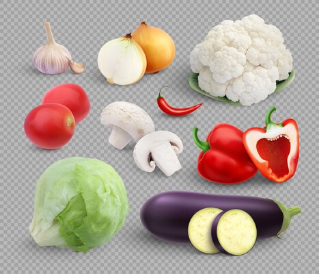 Vegetables realistic set of isolated onions garlic pepper mushrooms and lettuce on transparent background with shadows vector illustration