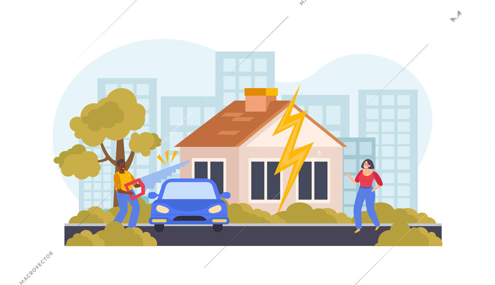 Property division flat composition with man and woman dividing house and car after divorce vector illustration