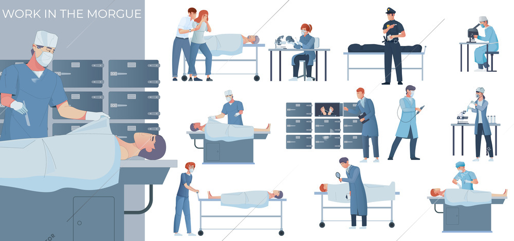 Morgue forensic pathologist flat composition with doodle medical specialist with corpse and set of isolated icons vector illustration