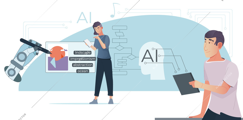 AI generated flat composition with doodle human characters working with neural networks to create various content vector illustration