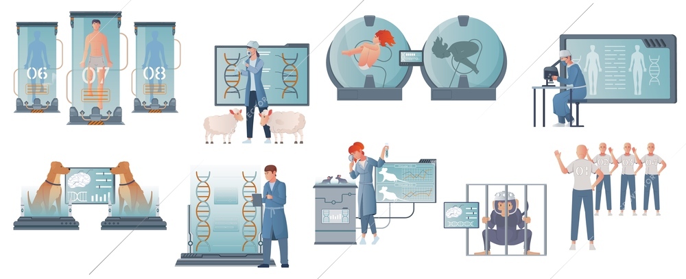 Cloning genetics set with flat isolated compositions of chambers with human embryo sheeps dogs and scientists vector illustration