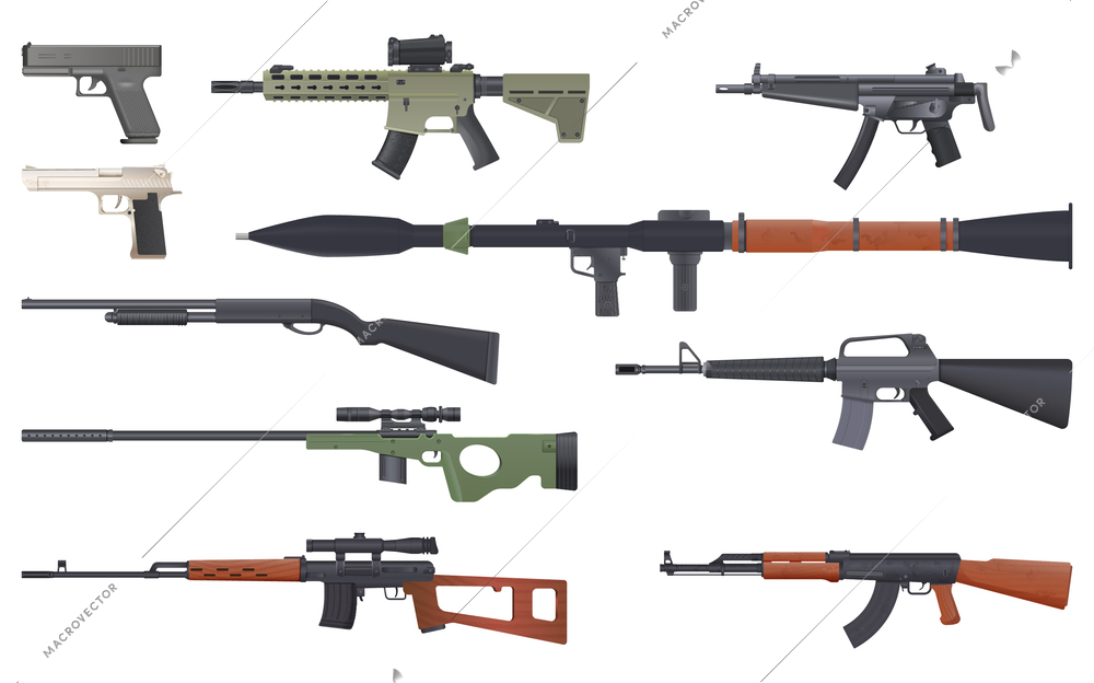 Weapon war realistic set of isolated icons with various types of guns rifles pistols and shotguns vector illustration