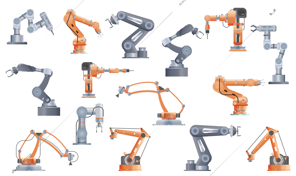 Robot manipulator arm set of isolated icons and realistic images of various models of industrial arms vector illustration