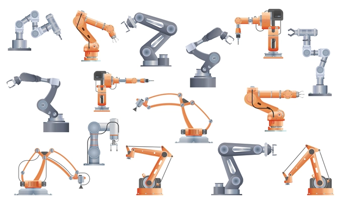 Robot manipulator arm set of isolated icons and realistic images of various models of industrial arms vector illustration