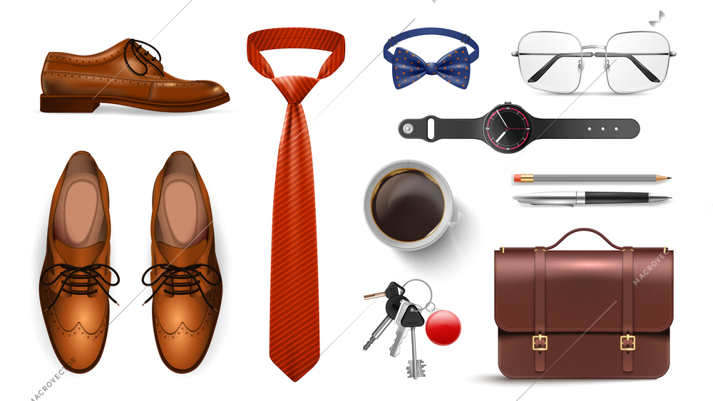 Realistic gentleman set with boots tie and accessories symbols isolated vector illustration