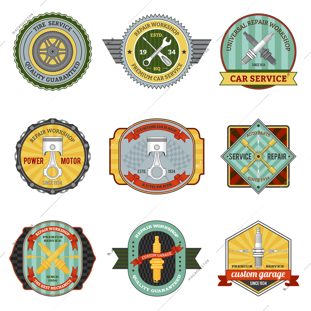 Repair auto repair mechanic transportation workshop retro badges set isolated vector illustration