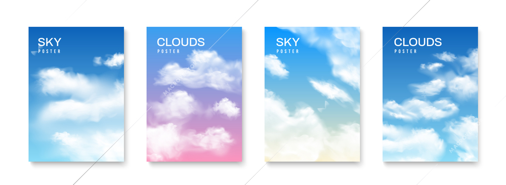 Realistic cloud sky poster set of four isolated vertical compositions with text colored sky and clouds vector illustration