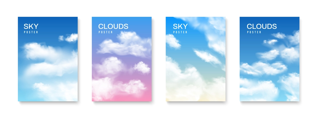 Realistic cloud sky poster set of four isolated vertical compositions with text colored sky and clouds vector illustration