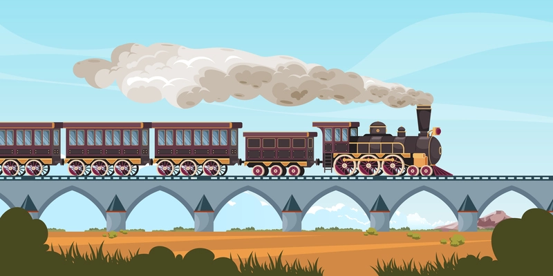 Vintage passenger carriage background with locomotive and train realistic vector illustration