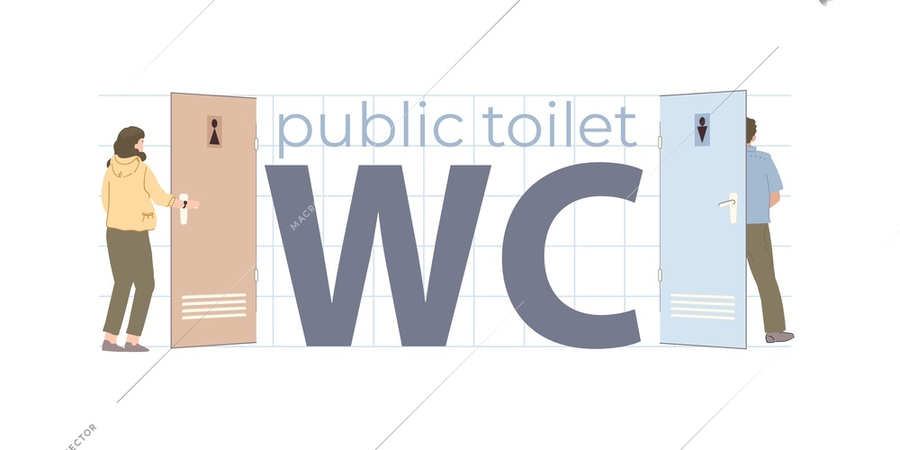 Public toilet flat text with big letters wc between doors with male and female signs vector illustration