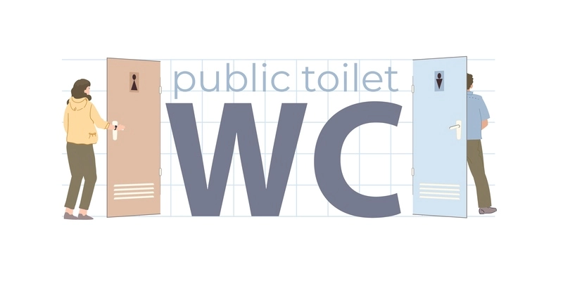 Public toilet flat text with big letters wc between doors with male and female signs vector illustration