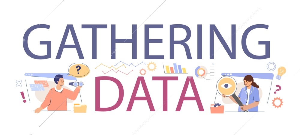 Gathering data flat text with big letters and small human characters collecting and analyzing business information vector illustration