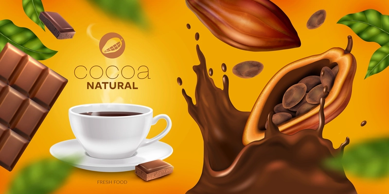 Natural cocoa horizontal poster with cup of hot drink chocolate cacao pods and splashes realistic vector illustration