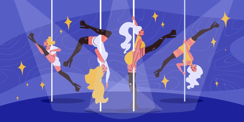 Women pole dancers wearing high heel boots performing on stage in night club flat vector illustration