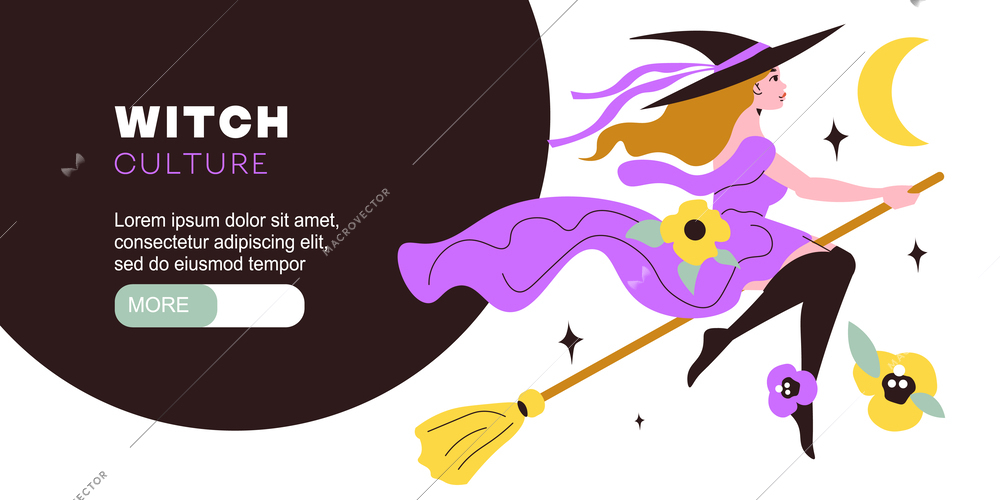 Witch culture horizontal banner in flat style with young hex flying on magic broom vector illustration