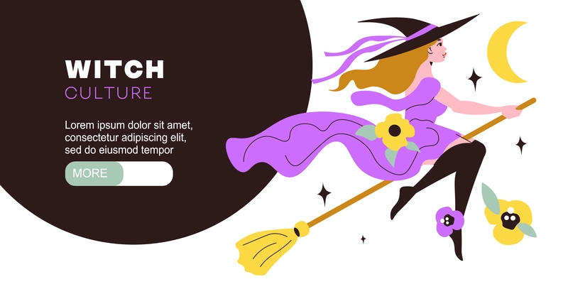 Witch culture horizontal banner in flat style with young hex flying on magic broom vector illustration