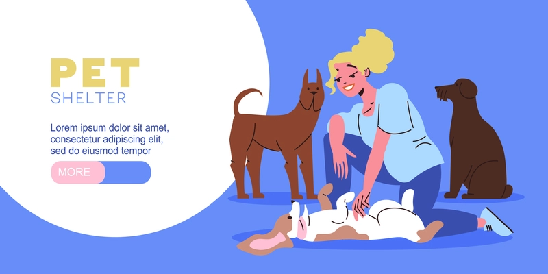 Pet shelter flat horizontal website banner with happy woman playing with dogs vector illustration