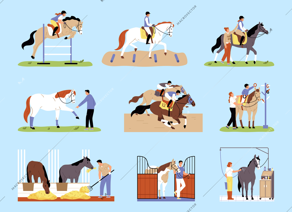 Horses and professional jockeys participating in competition on hippodrome flat color set isolated vector illustration
