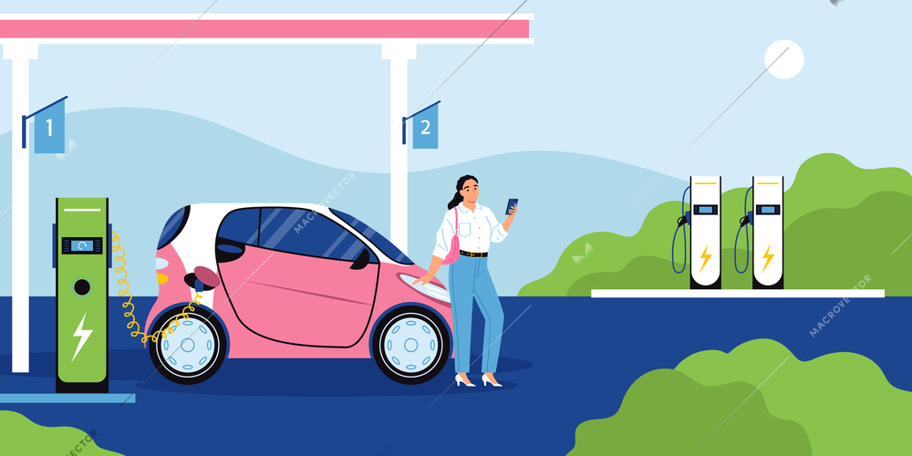 Electric eco transport flat background with woman charging her electric car at charger station isometric vector illustration