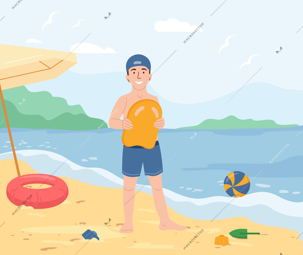 Kids water safety flat concept with happy boy on beach holding rescue buoy vector illustration