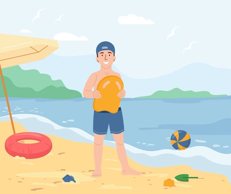 Kids water safety flat concept with happy boy on beach holding rescue buoy vector illustration