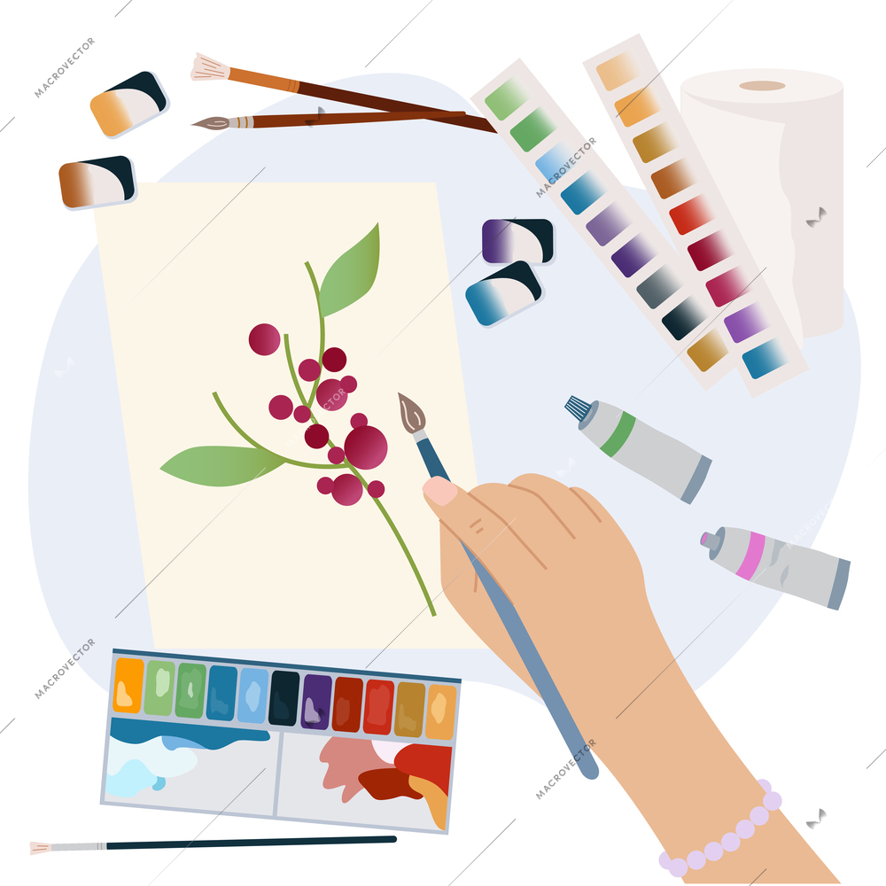 Female hand holding paintbrush painting on paper flat composition with tubes of paints and palettes vector illustration