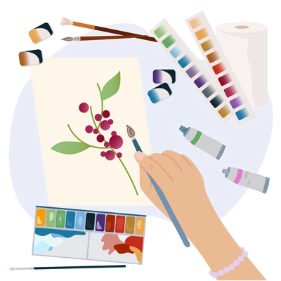 Female hand holding paintbrush painting on paper flat composition with tubes of paints and palettes vector illustration