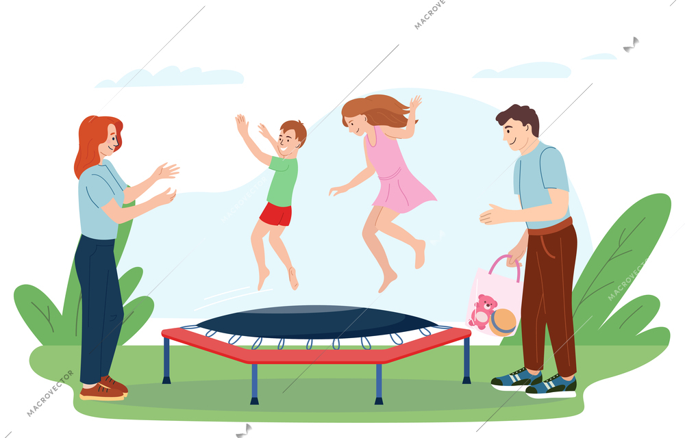 Parents watching their happy kids jumping on trampoline flat vector illustration