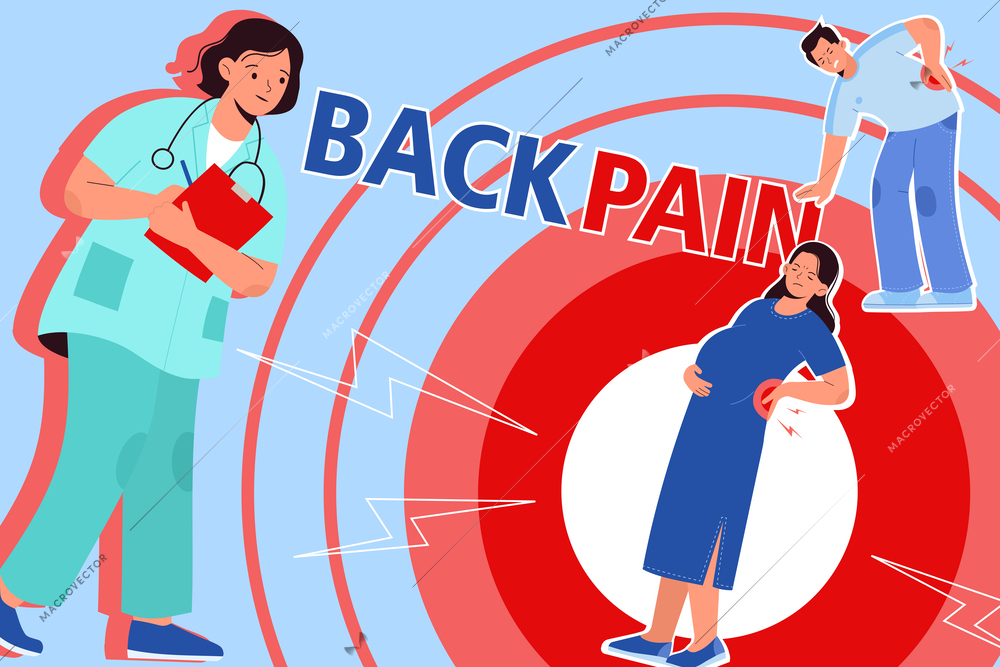 Back pain composition with collage of flat icons with human characters of suffering people and doctor vector illustration