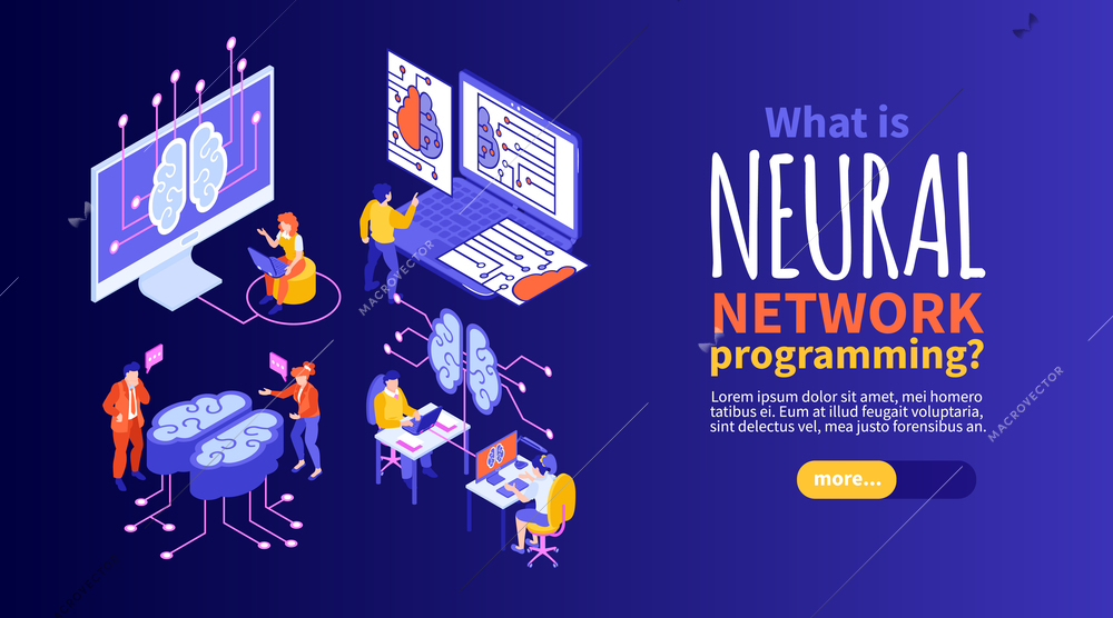 Isometric neural network programmer horizontal banner with people connected to brains and computers with editable text vector illustration