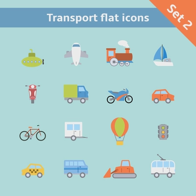 Transportation flat icons set of passenger train tram taxi isolated vector illustration