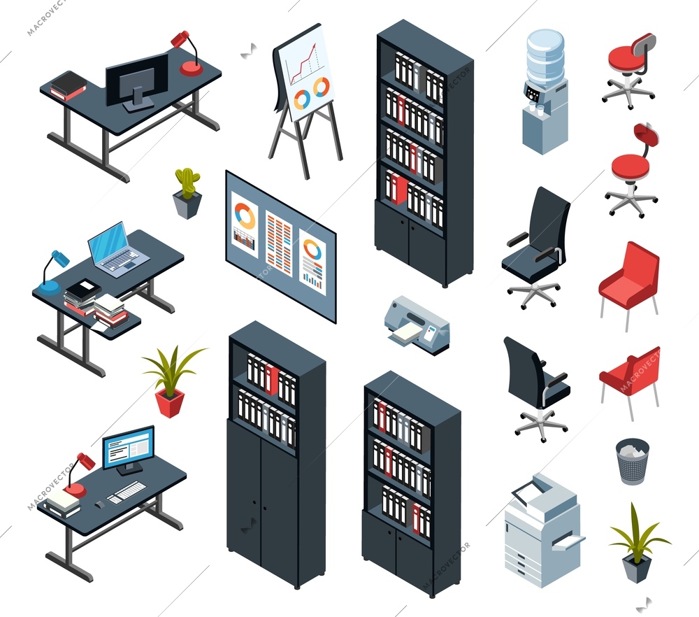 Office interior isometric set of bookcase desk armchair water cooler isolated icons vector illustration