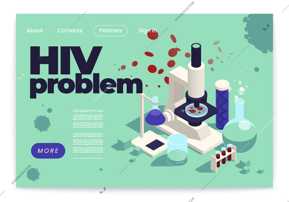Hiv problem aid immunodeficiency isometric website banner with blood test samples and microscope vector illustration