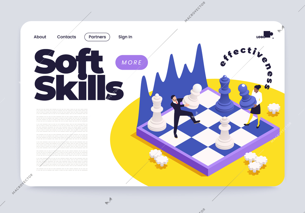 Soft skills effective teamwork isometric web page design with business people moving pieces on chessboard vector illustration